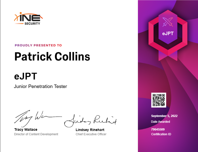 Patrick Collins' eJPTv1 Certificate